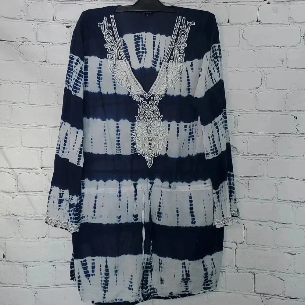 Tie Dyed Bathing Suit Cover-Up with Beaded Jewels Drawstring Waist Women Size XL